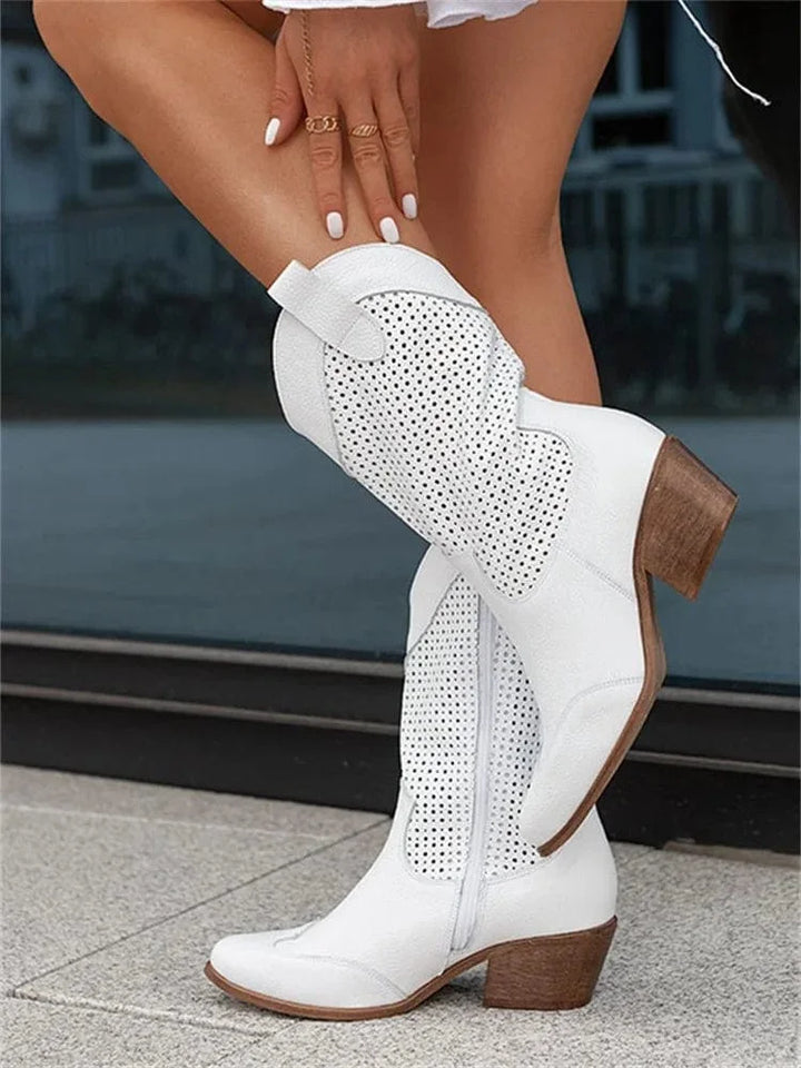 Perforated Block Heel Cowboy Boots