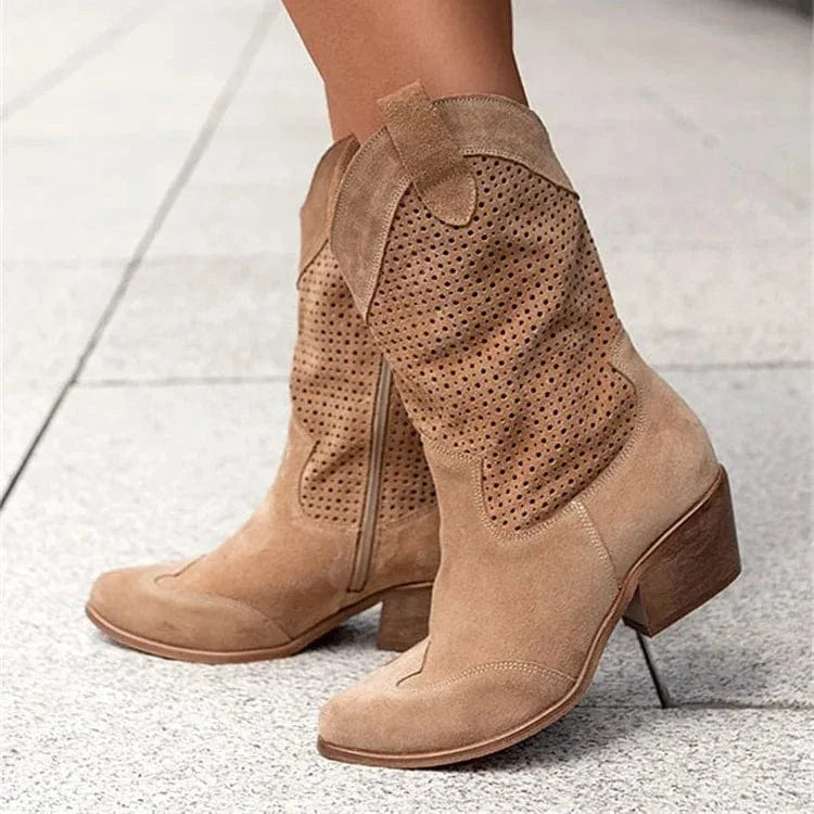 Perforated Block Heel Cowboy Boots