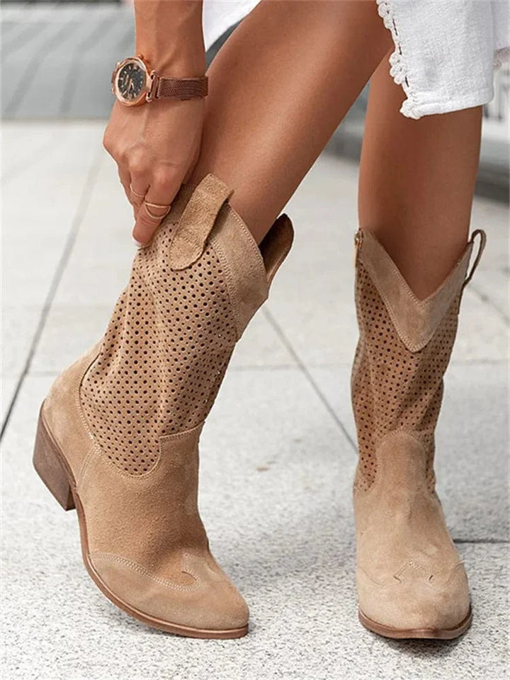 Perforated Block Heel Cowboy Boots