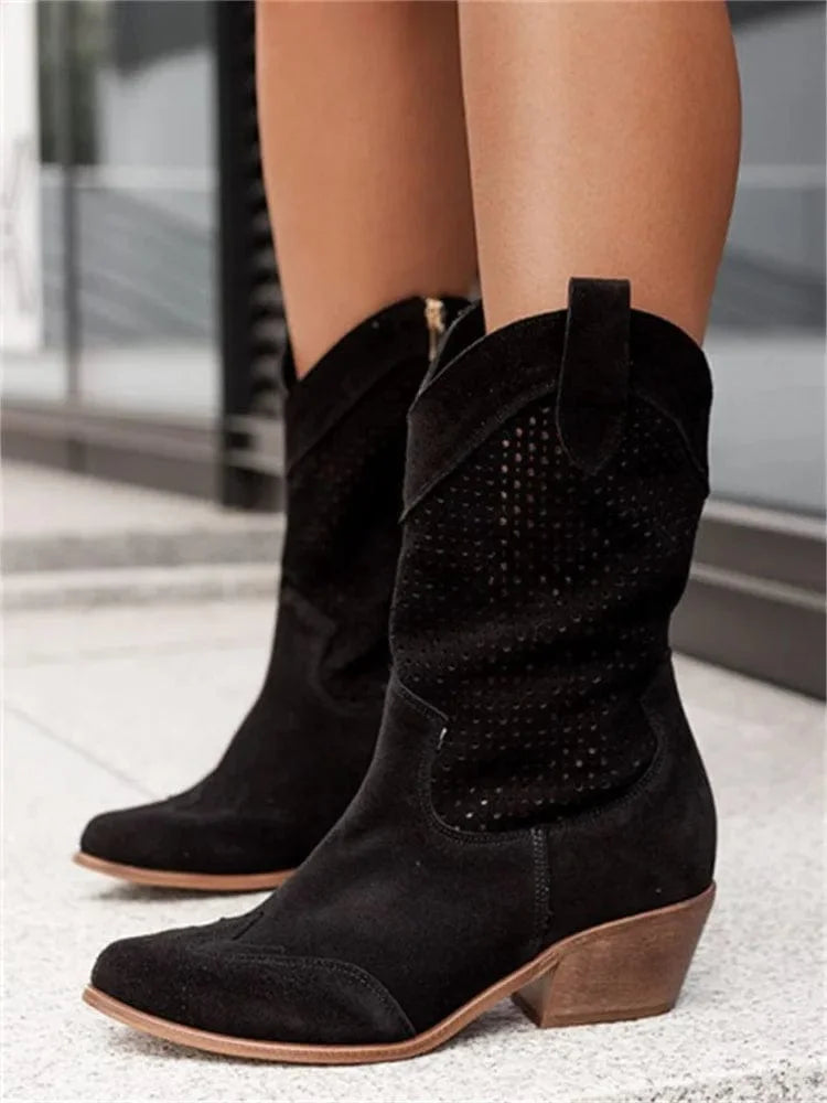Perforated Block Heel Cowboy Boots