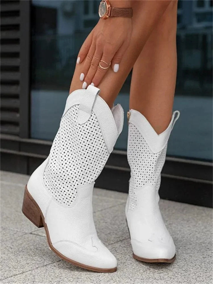 Perforated Block Heel Cowboy Boots