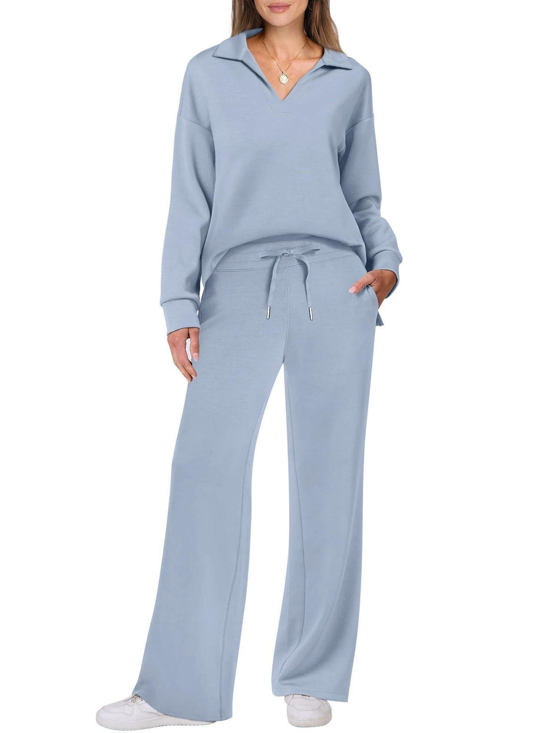 Women's Loungewear Set with V-Neck Sweatshirt and Wide Comfy Trousers