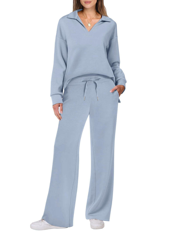 Women's Loungewear Set with V-Neck Sweatshirt and Wide Comfy Trousers
