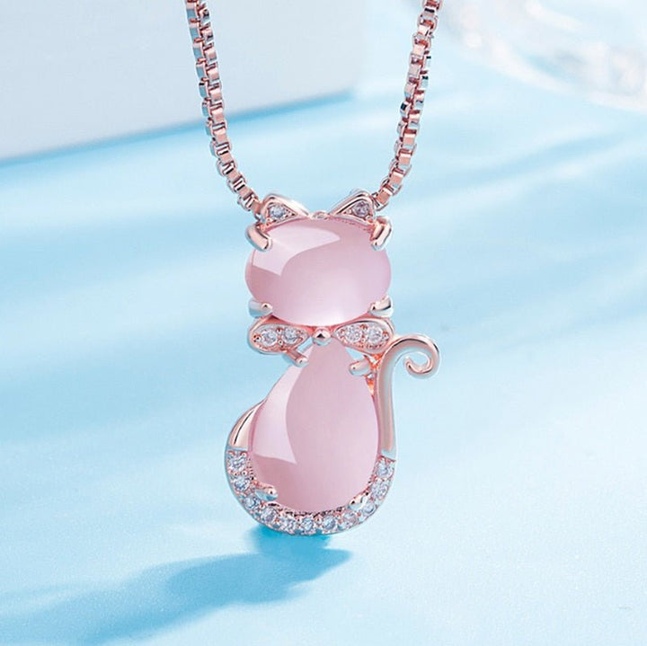 Pink stone cute cat necklace with zircon