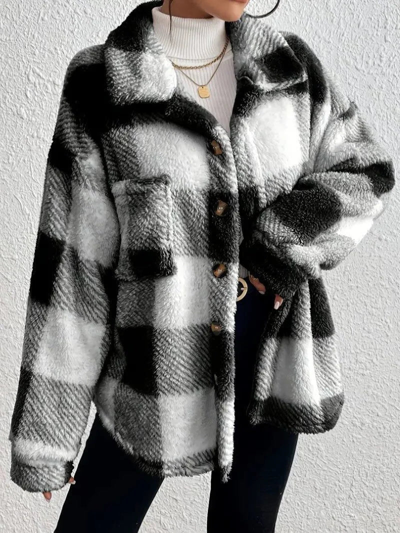 Plaid Oversized Button-Up Fluffy Jacket