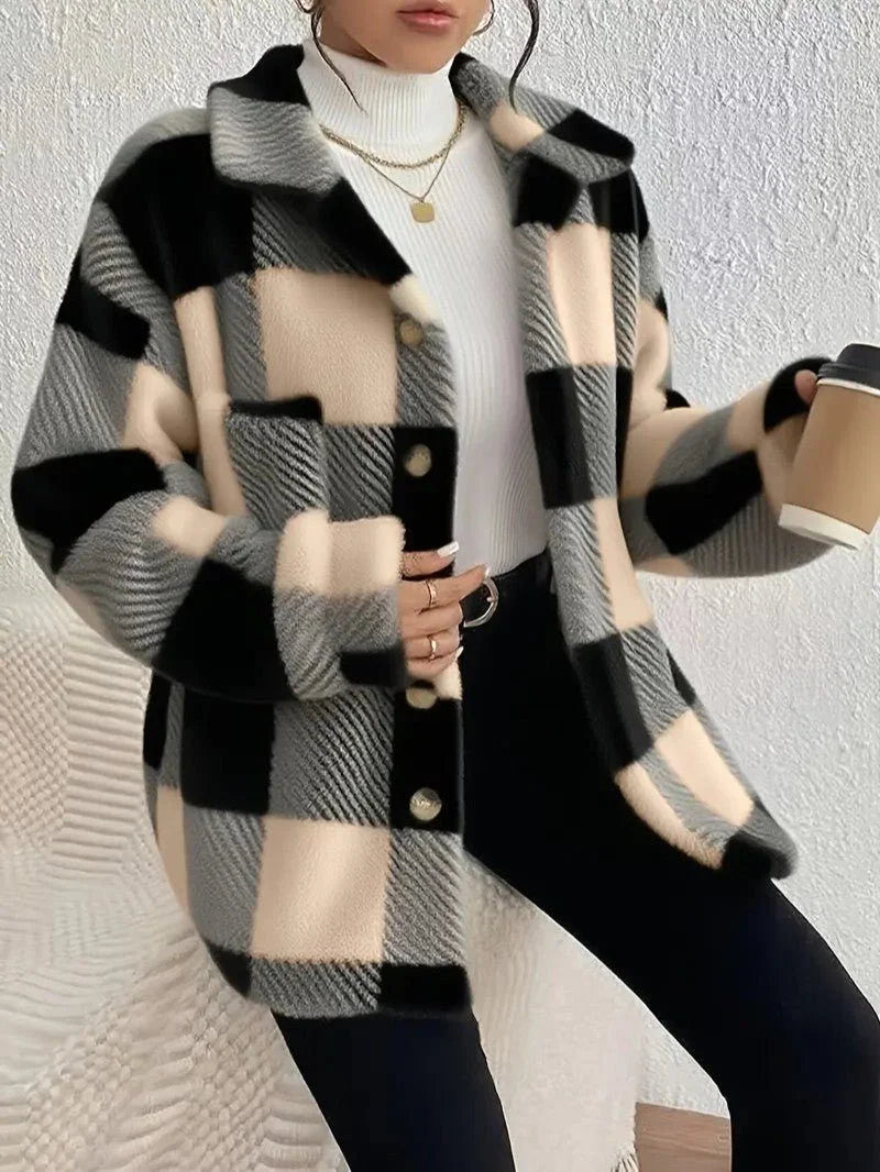 Plaid Oversized Button-Up Fluffy Jacket