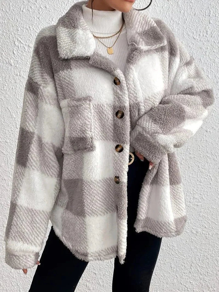 Plaid Oversized Button-Up Fluffy Jacket