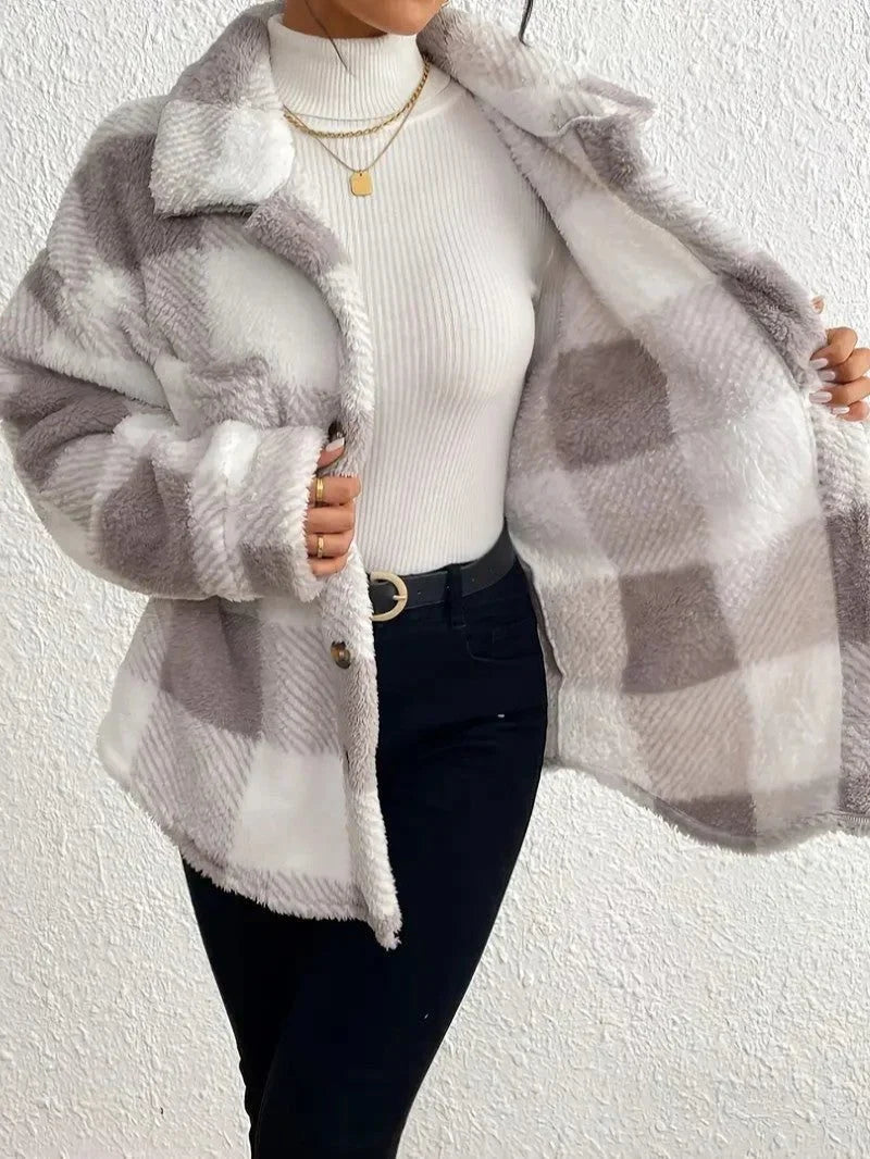 Plaid Oversized Button-Up Fluffy Jacket