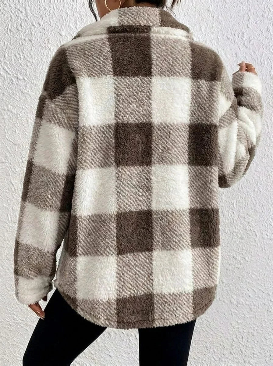 Plaid Oversized Button-Up Fluffy Jacket