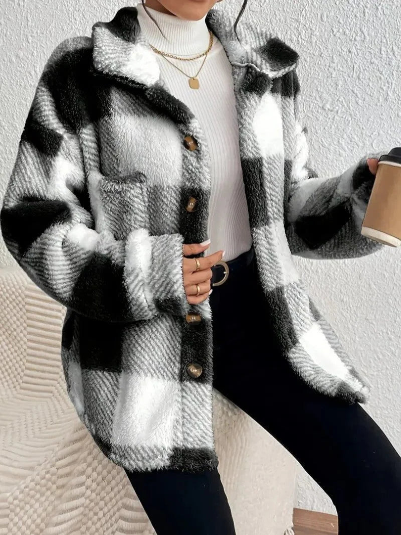 Plaid Oversized Button-Up Fluffy Jacket