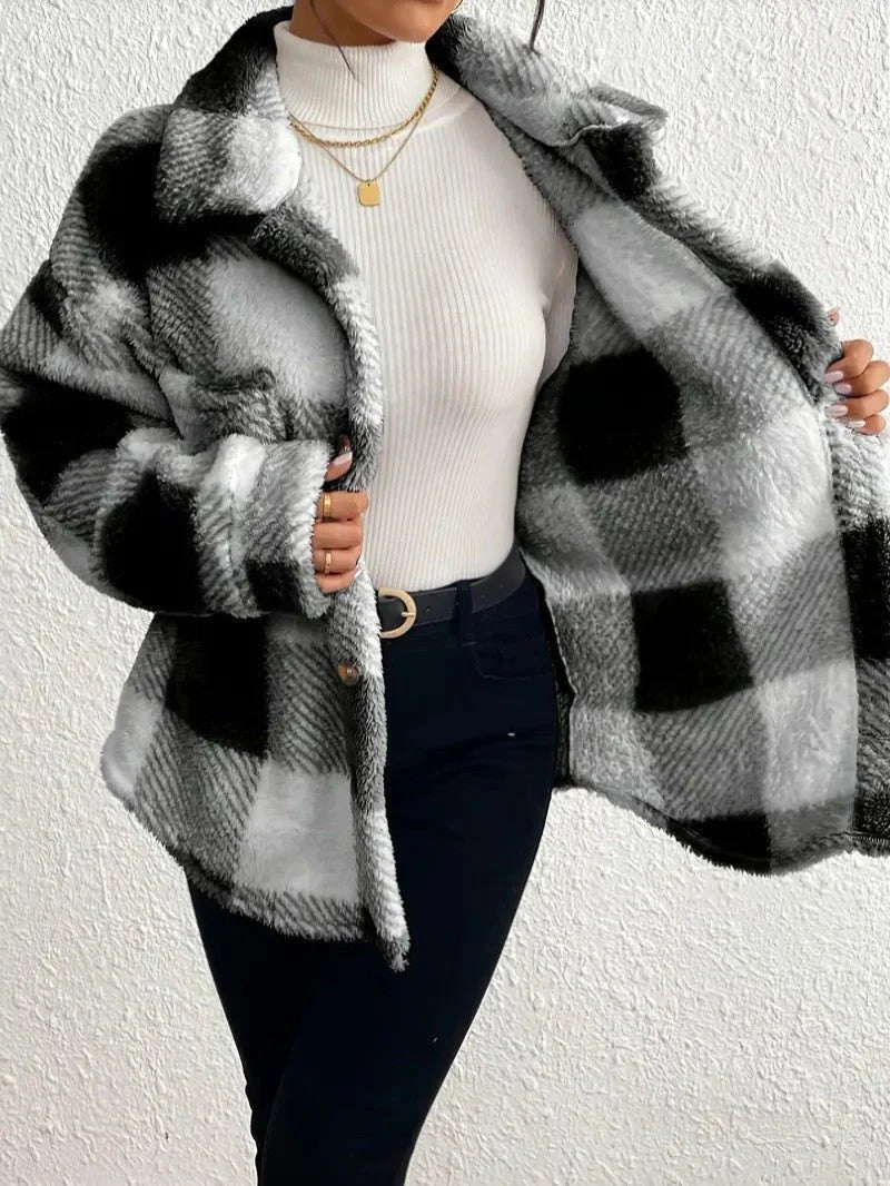Plaid Oversized Button-Up Fluffy Jacket