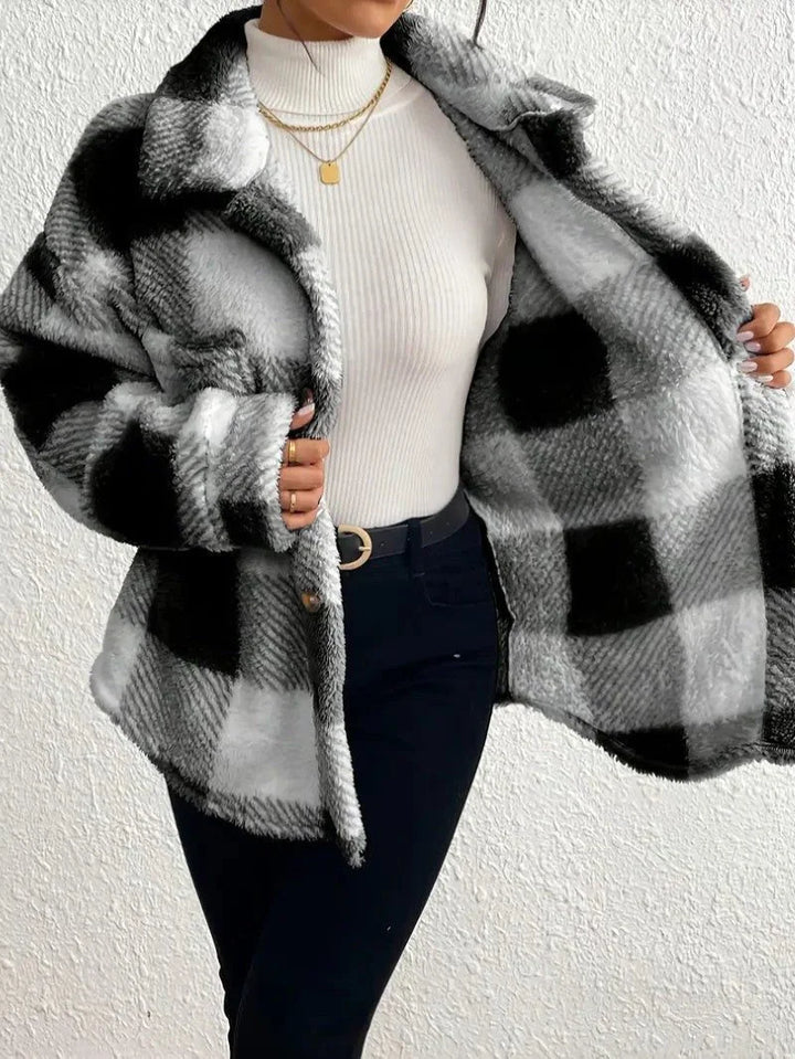 Plaid Oversized Button-Up Fluffy Jacket