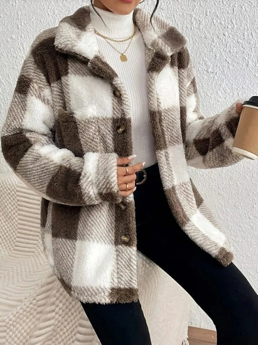 Plaid Oversized Button-Up Fluffy Jacket