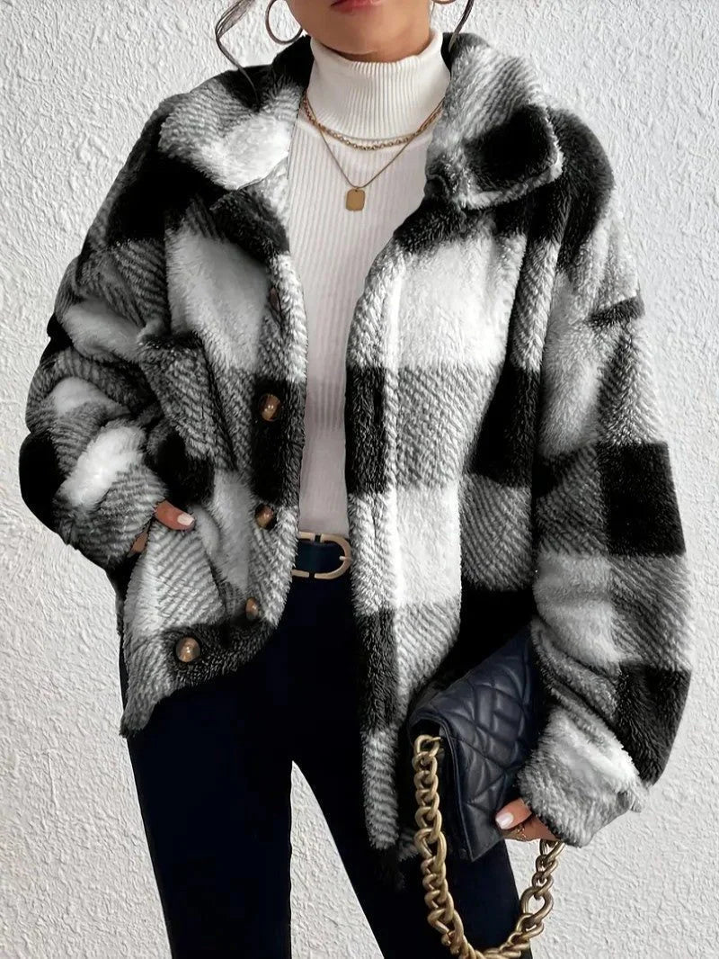 Plaid Oversized Button-Up Fluffy Jacket
