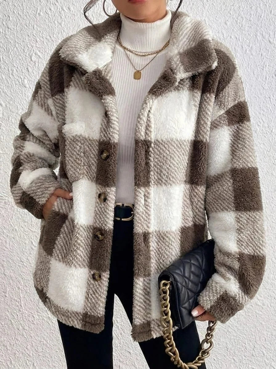 Plaid Oversized Button-Up Fluffy Jacket