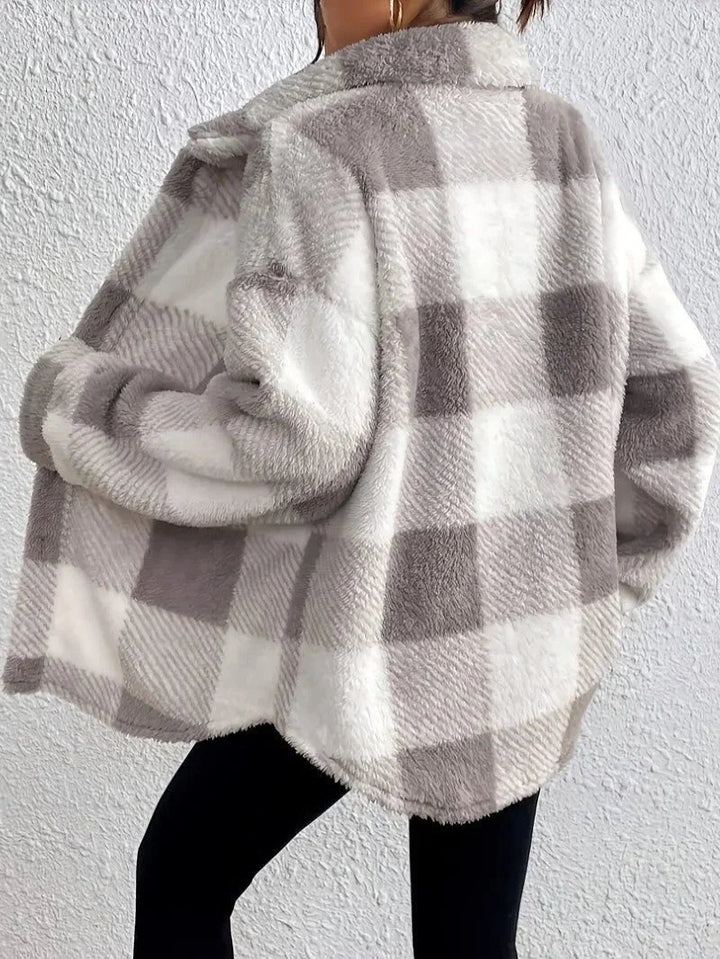 Plaid Oversized Button-Up Fluffy Jacket