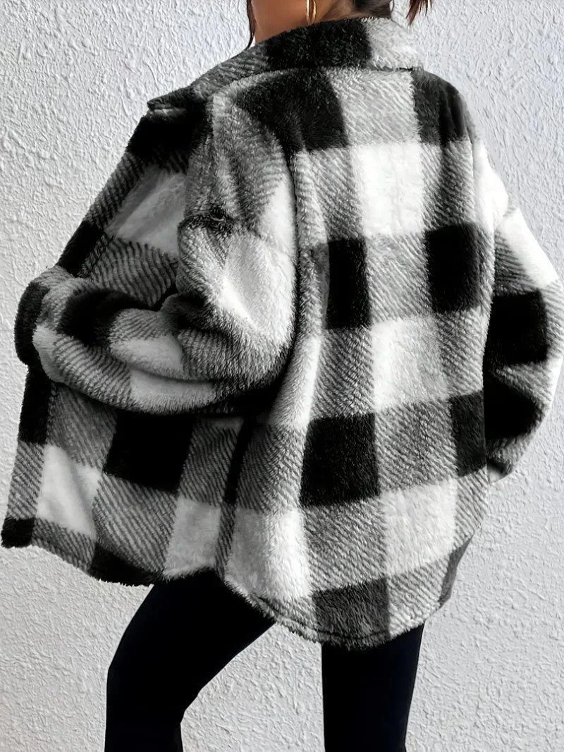 Plaid Oversized Button-Up Fluffy Jacket