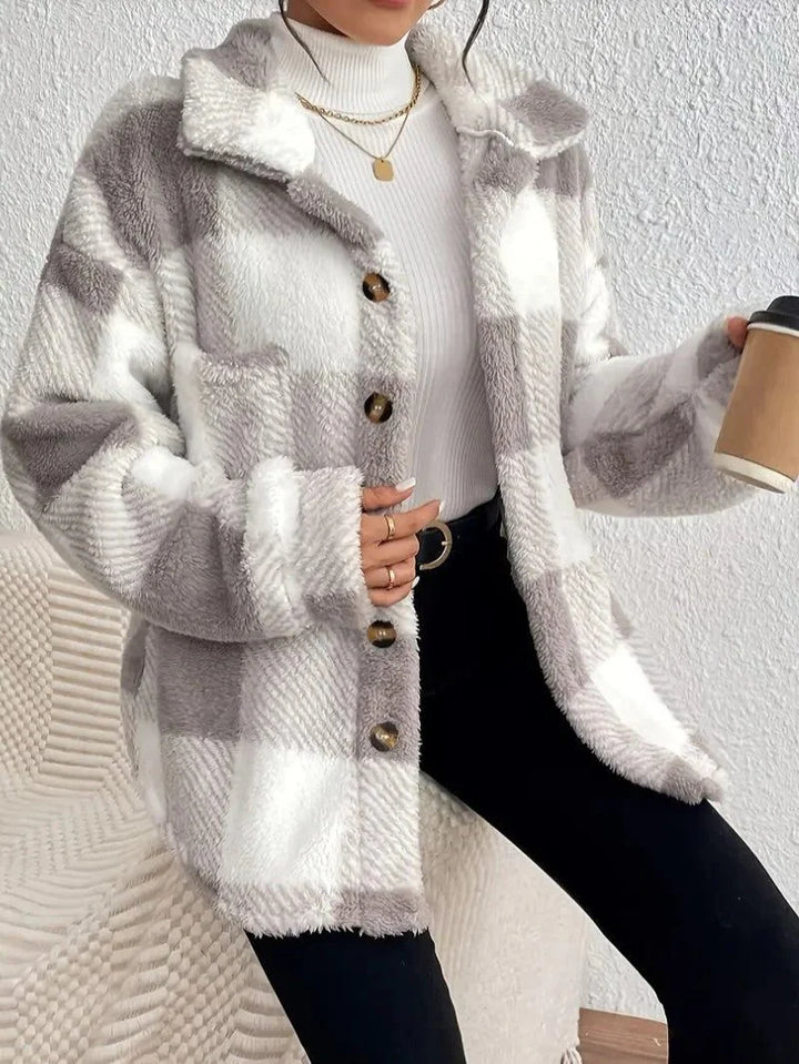 Plaid Oversized Button-Up Fluffy Jacket