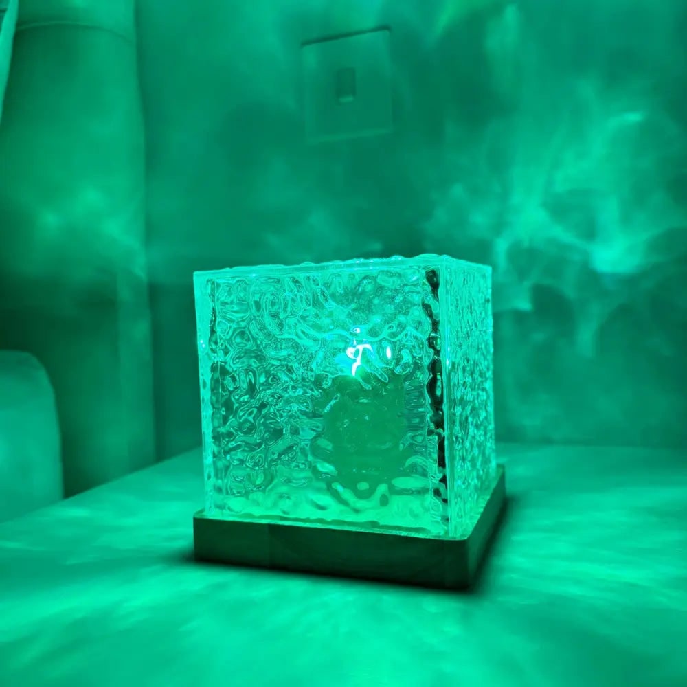 Remote Control Lamp Projector Water Ripple Cube Wood Base LED Aurora