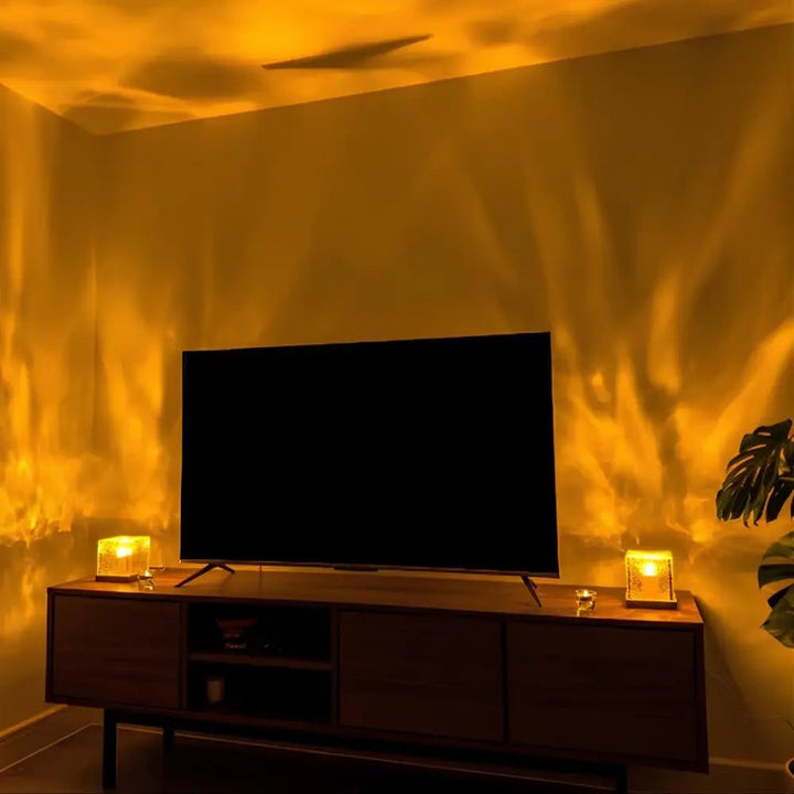 Remote Control Lamp Projector Water Ripple Cube Wood Base LED Aurora