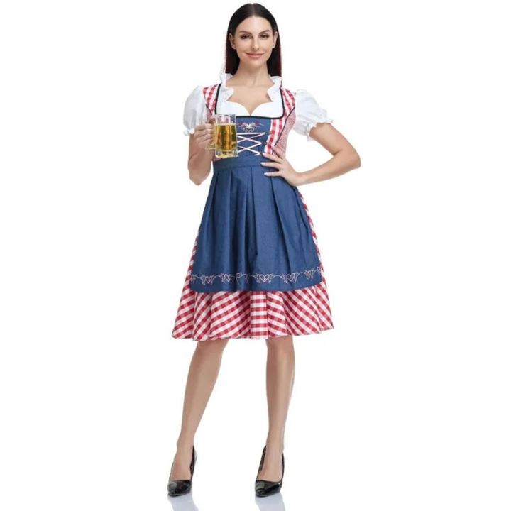 Women's checked dress with lace-up bodice and apron, Oktoberfest midi