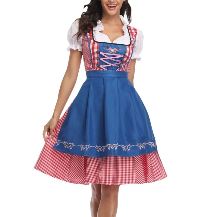 Women's checked dress with lace-up bodice and apron, Oktoberfest midi
