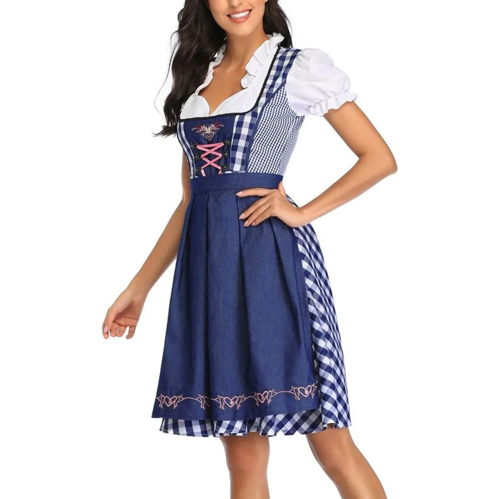 Women's checked dress with lace-up bodice and apron, Oktoberfest midi