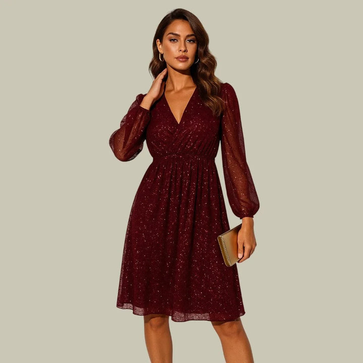 Sequin V-Neck Mini Dress with Long Sheer Sleeves