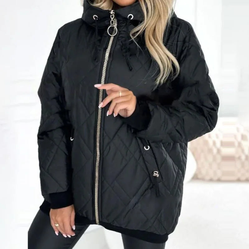 Quilted Zip-Up Hooded Puffer Jacket with Drawstring Detail