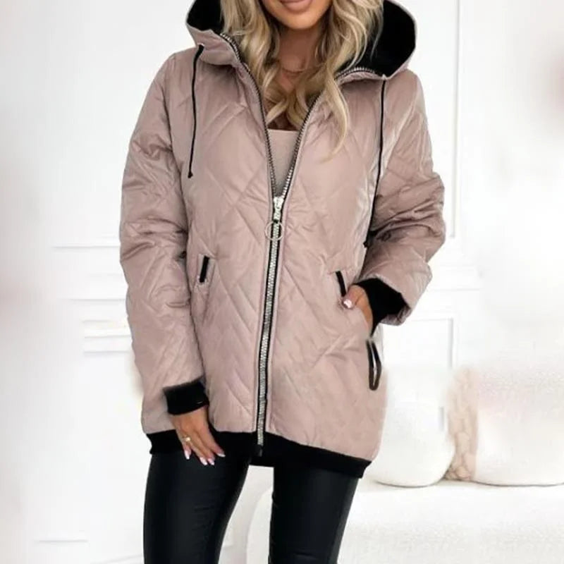Quilted Zip-Up Hooded Puffer Jacket with Drawstring Detail