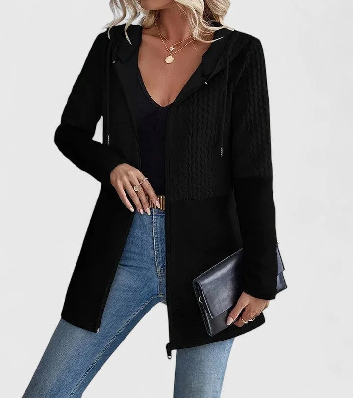 Knit Zip-Up Hooded Cardigan with Cable Panels