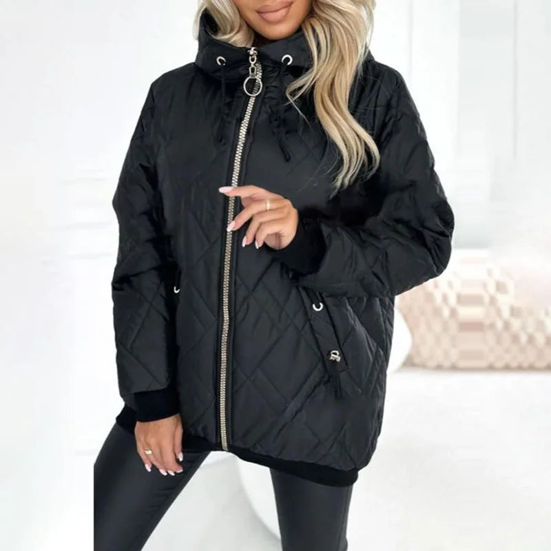 Quilted Zip-Up Hooded Puffer Jacket with Drawstring Detail