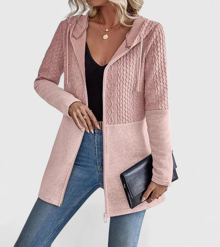 Knit Zip-Up Hooded Cardigan with Cable Panels