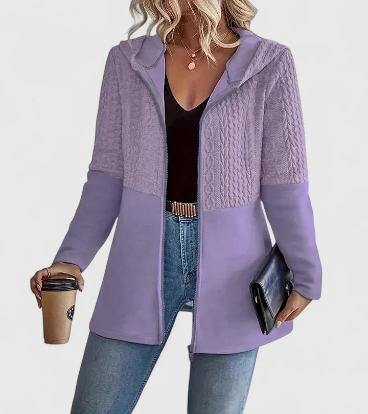 Knit Zip-Up Hooded Cardigan with Cable Panels