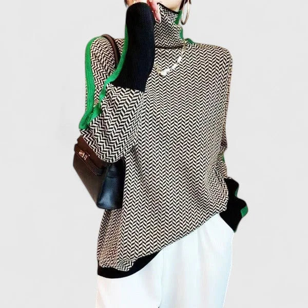 High-Collar Contrast Stripe Sweater