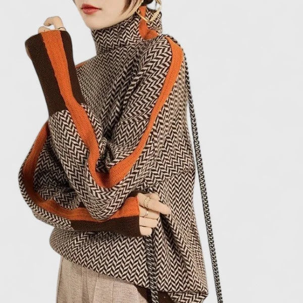 High-Collar Contrast Stripe Sweater
