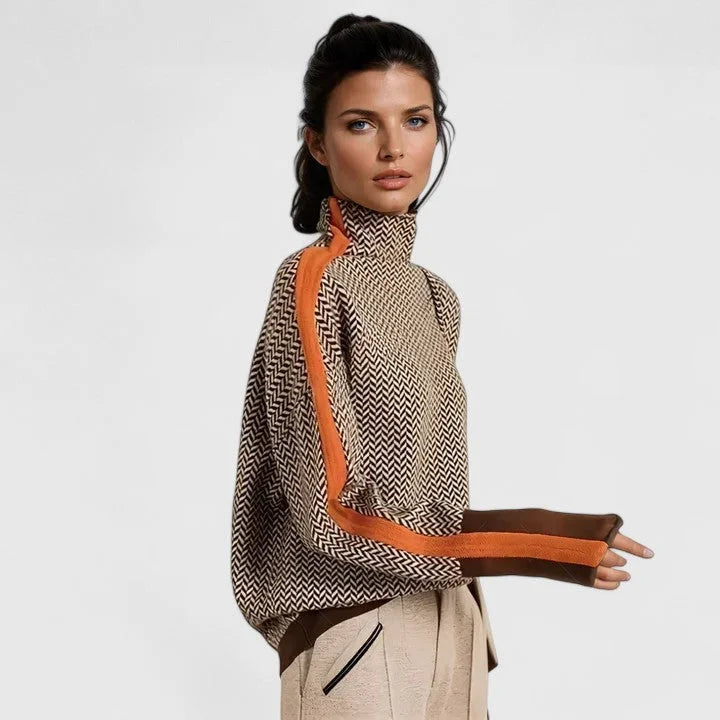 High-Collar Contrast Stripe Sweater