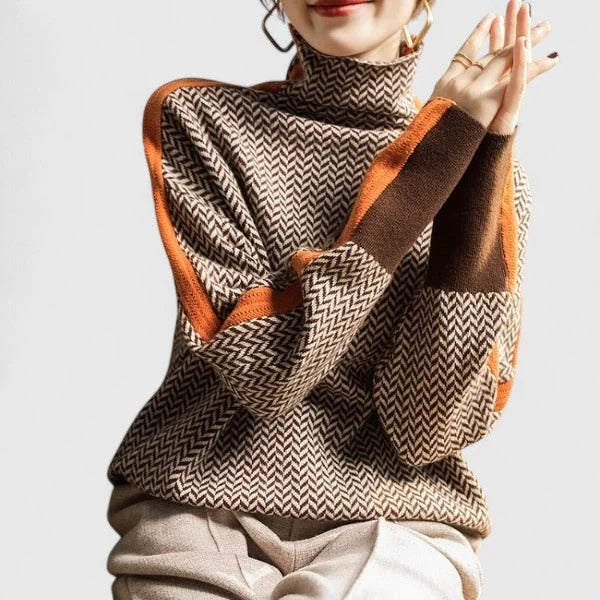 High-Collar Contrast Stripe Sweater