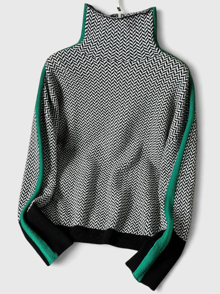 High-Collar Contrast Stripe Sweater