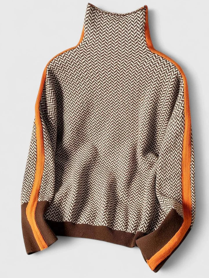 High-Collar Contrast Stripe Sweater