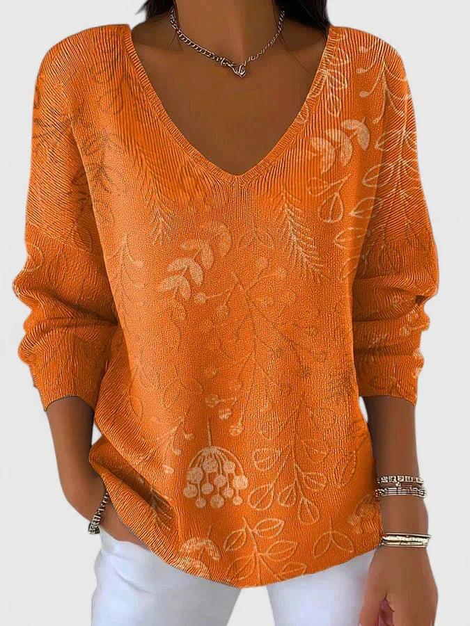 Women's Floral Ribbed V-Neck Jumper