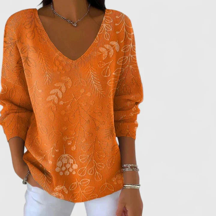 Women's Floral Ribbed V-Neck Jumper
