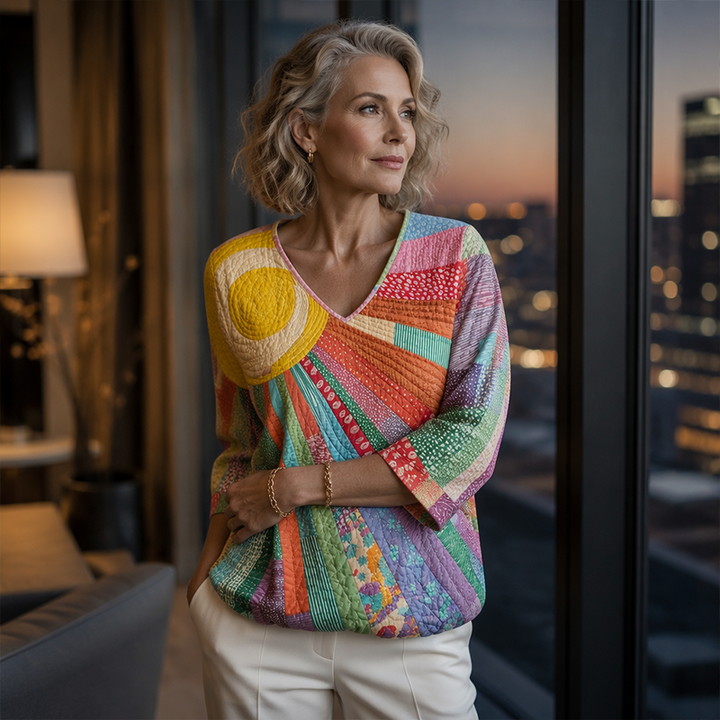 Women's Retro Patchwork Blouse with V-Neck