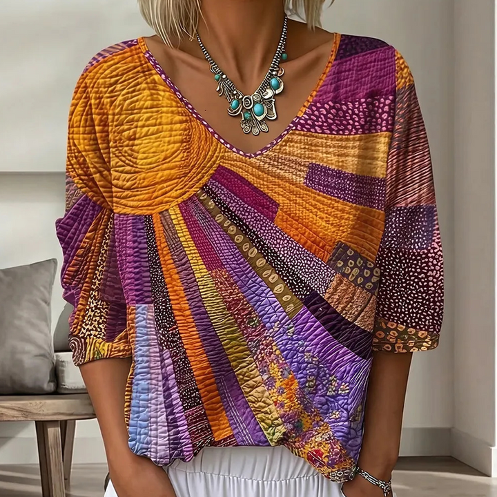 Women's Retro Patchwork Blouse with V-Neck