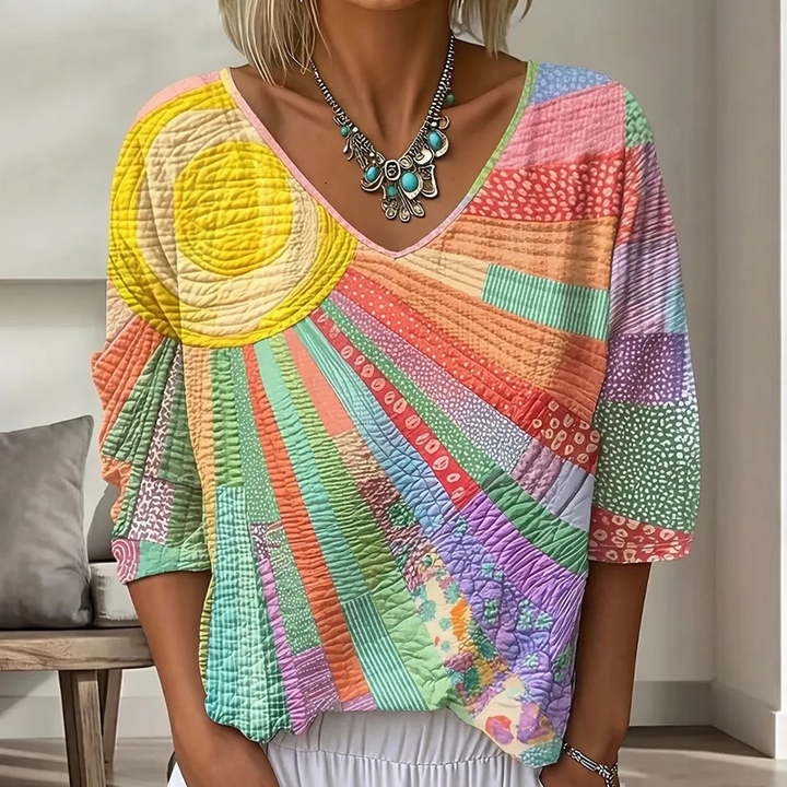 Women's Retro Patchwork Blouse with V-Neck