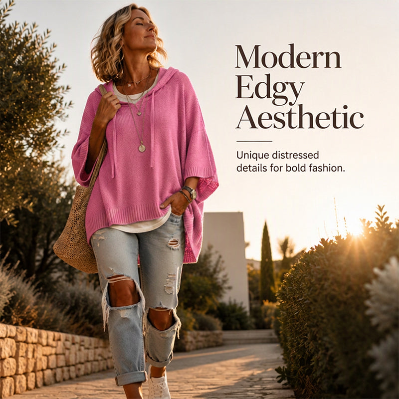 Women's Hooded Drawstring Knit Jumper – Vintage Distressed Oversized Jumper