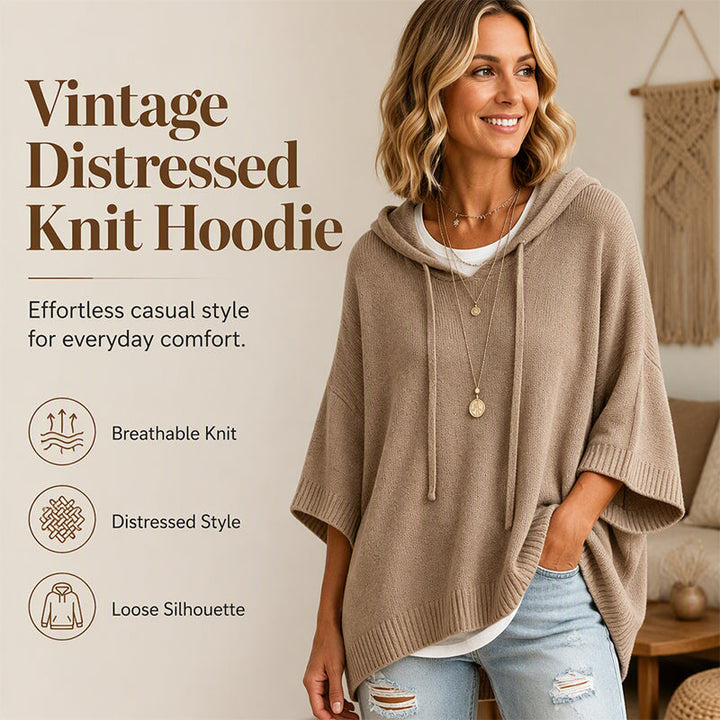 Women's Hooded Drawstring Knit Jumper – Vintage Distressed Oversized Jumper