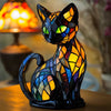 Stained Glass Cat Table Lamp with Colorful Mosaic Pattern and Warm Glow Bedside Lighting