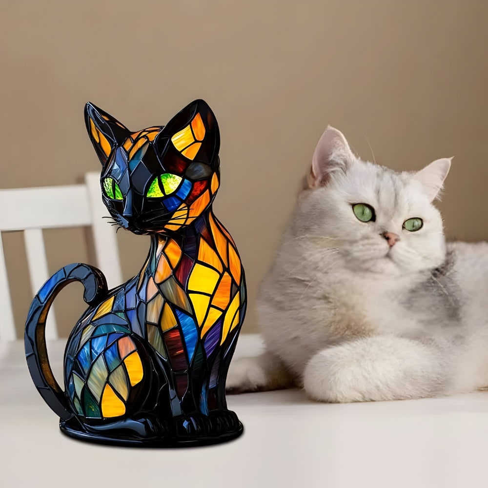 Stained Glass Cat Table Lamp with Colorful Mosaic Pattern and Warm Glow Bedside Lighting