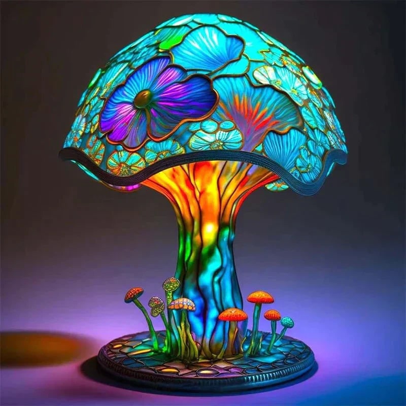 Stained Glass Table Lamp with Green Effect Decorative Resin Shade with Warm LED Light
